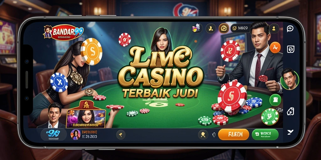 Tampilan gameplay BANDAR99 dengan dealer langsung dan suasana kasino.