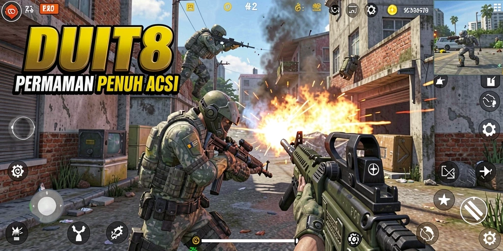Screenshot gameplay DUIT8 menunjukkan aksi tembak-menembak yang intens.