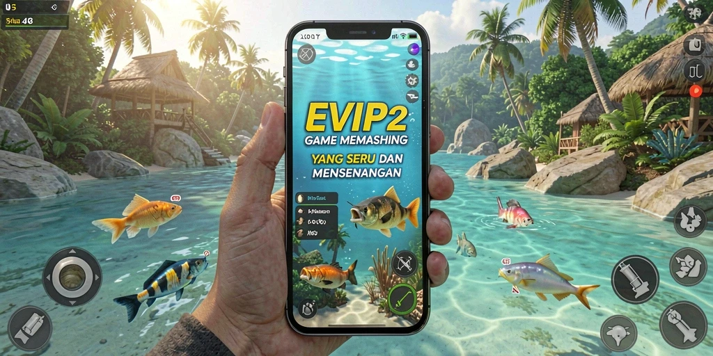Tampilan screenshot dari gameplay EVIP2 yang menampilkan aksi memancing.
