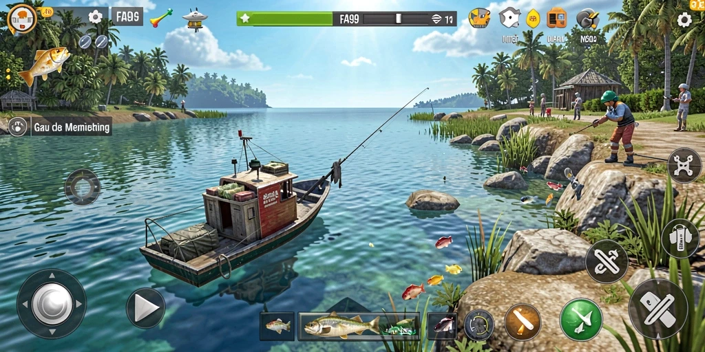 Tampilkan pemain sedang asyik memancing dengan berbagai jenis ikan.