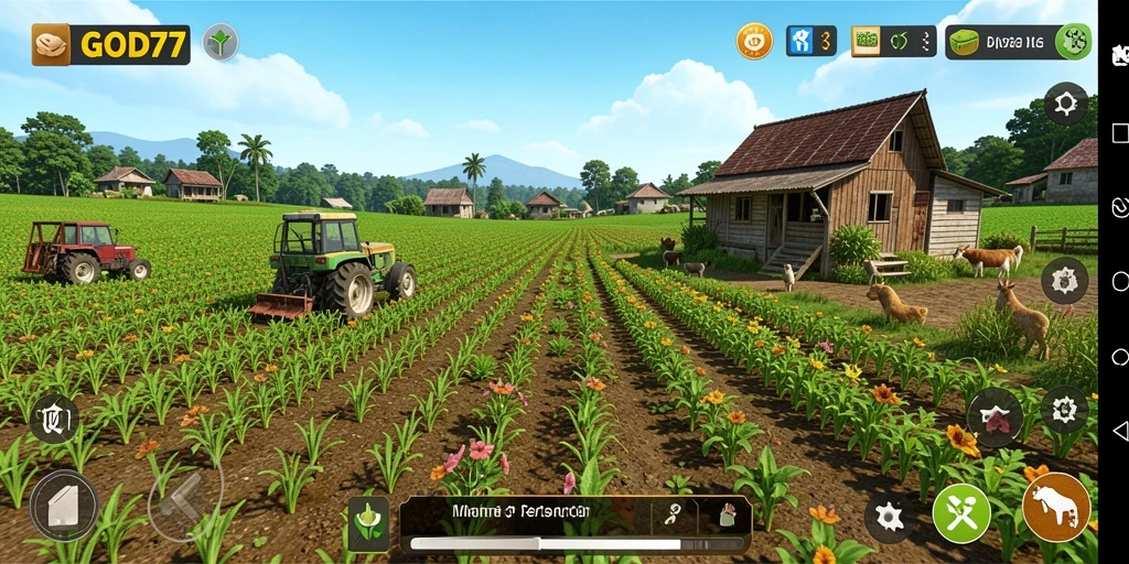 Screenshot gameplay GOD77 menampilkan ladang yang subur dan hewan ternak.