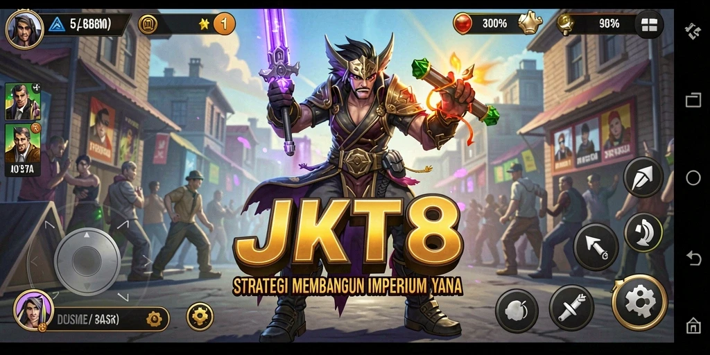 Screenshot utama JKT8 menampilkan aksi epik pertempuran strategi.
