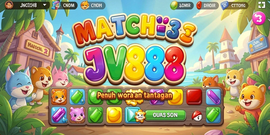 Tampilan gameplay JV88 yang menarik dan penuh warna dalam permainan Match-3.