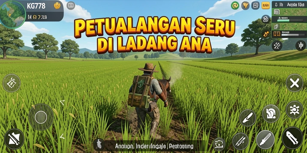 Tampilan gameplay KG778 dengan ladang yang luas dan tanaman berwarna-warni.