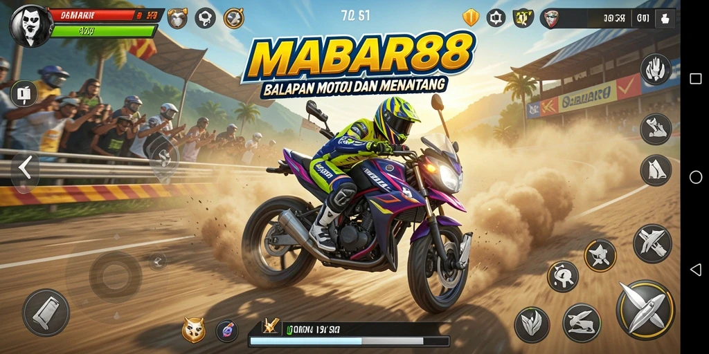 Screenshot gameplay MABAR88 yang menunjukkan balapan motor yang seru.