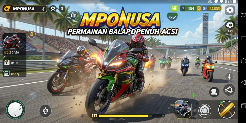 Tampilan seru dari balapan motor dalam gameplay MPONUSA.