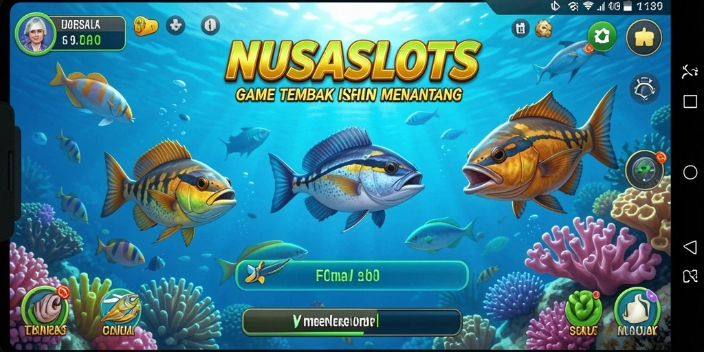 Tampilan gameplay seru di NUSASLOTS menunjukkan aksi menembak ikan.