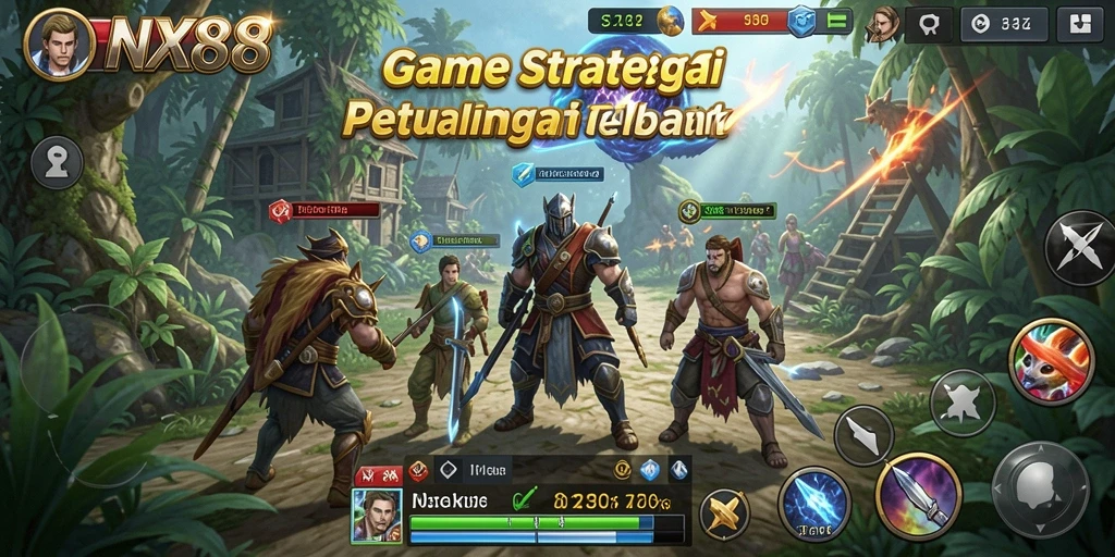 Screenshot NX888 menampilkan pertempuran strategi yang intens.