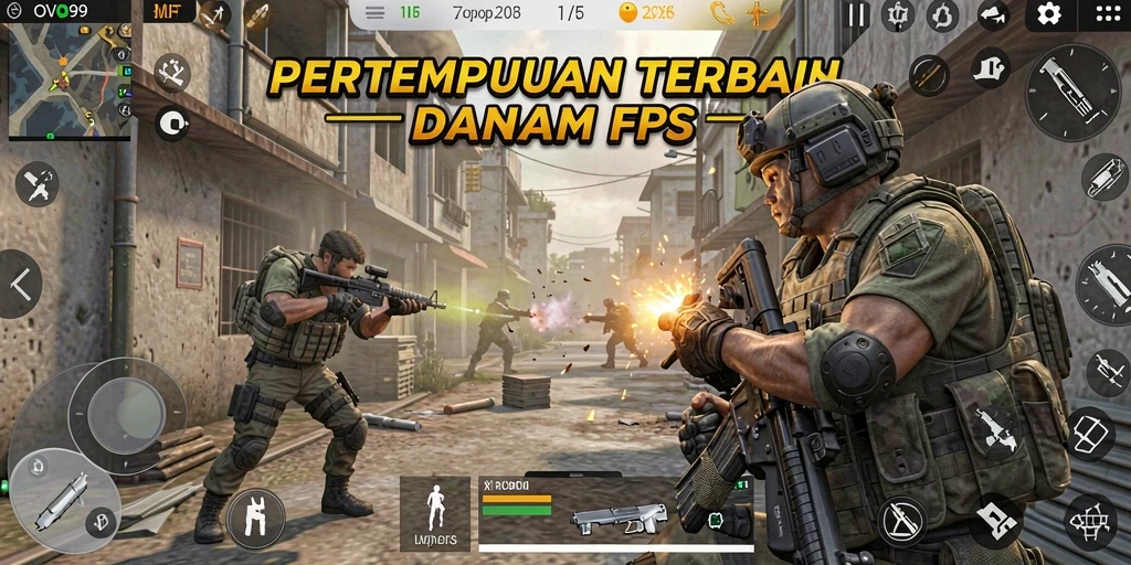 Screenshot utama OVO99 menunjukkan pertempuran intens dalam game FPS.