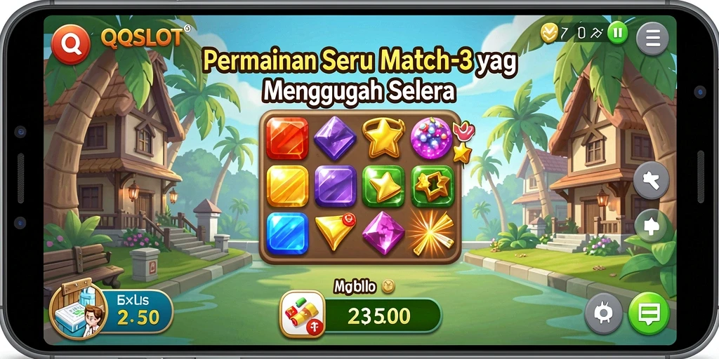Tangkapan layar menunjukkan gameplay Match-3 yang seru dan penuh warna.