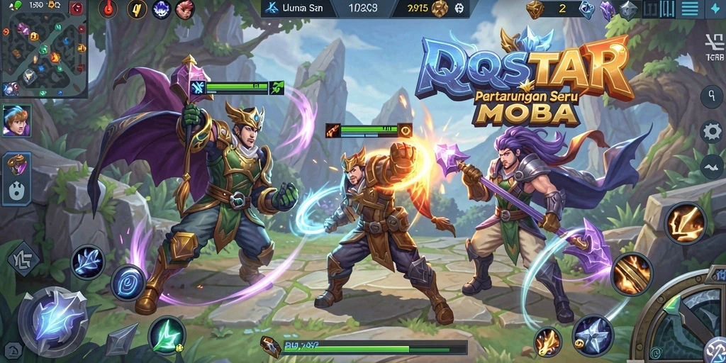 Screenshot menampilkan aksi intens di pertarungan MOBA QQSTAR.