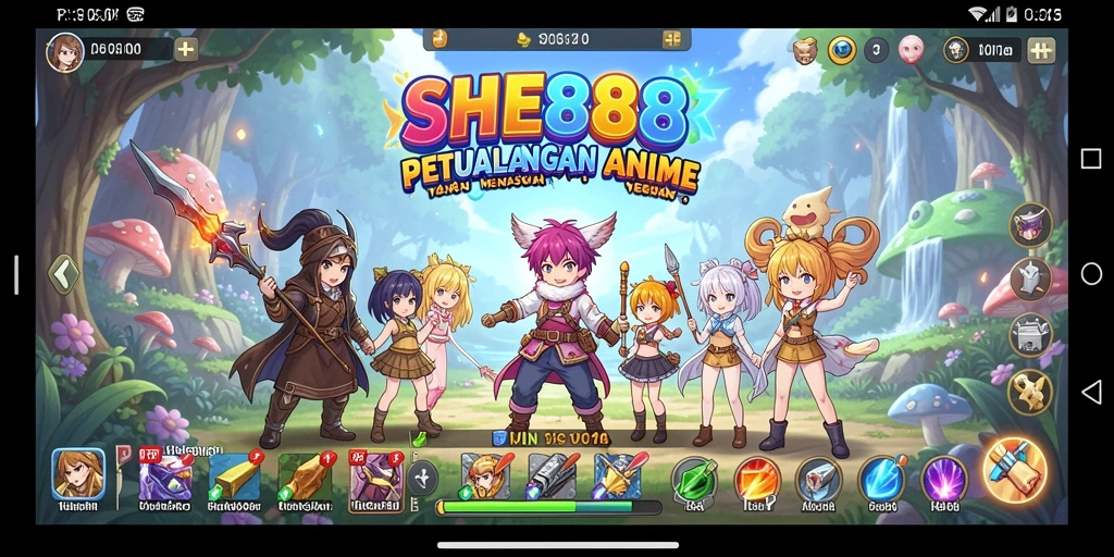 Screenshot utama SHE888 menampilkan aksi seru karakter anime.