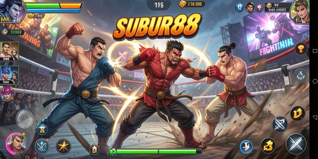 Screenshot SUBUR88 menampilkan karakter sedang bertarung di arena dengan efek visual menarik.