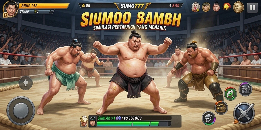 Screenshot gameplay SUMO777 menampilkan pertarungan seru di arena sumo.