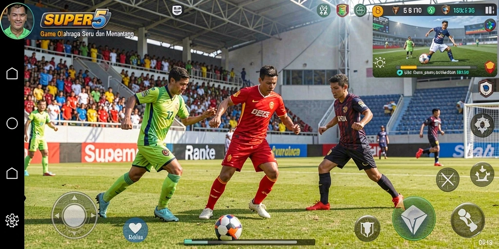 Screenshot utama SUPER5 menampilkan pertarungan seru dalam permainan olahraga.