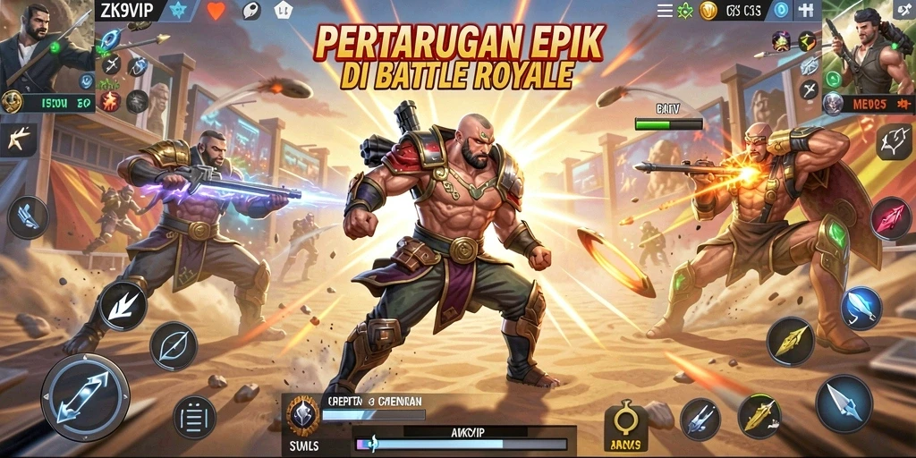 Screenshot utama ZK9VIP menampilkan aksi pertarungan seru di medan Battle Royale.